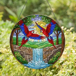 Stained Glass Macaw Parrots Flying Waterfall Tropical Tiffany Landscape Art Stained Glass Suncatcher