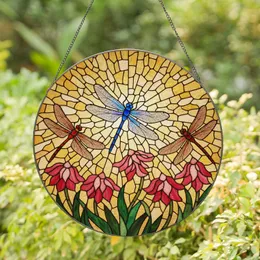 Intricate Blue Dragonfly Stained Glass Art with Flowering Plants & Golden Mosaic Stained Glass Suncatcher