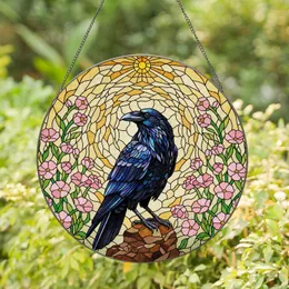 Black Raven Pink Flowers Stained Glass Luminous Sky - Iridescent Tiffany Style Wall Art Stained Glass Suncatcher