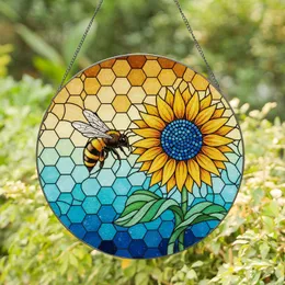 Plump Honeybee Sunflower Stained Glass Honeycomb Mosaic Tiffany Jewel Tone Intricate Art Stained Glass Suncatcher