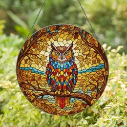 Horned Owl Stained Glass Tiffany Style - Autumn Leaves Tree Branch Window Decor Art Stained Glass Suncatcher