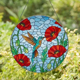 Hummingbird Red Poppy Stained Glass Mosaic Tiffany Style Intricate Jewel Tone Art Stained Glass Suncatcher