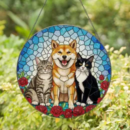 Shiba Inu Dog Cat Red Flowers Stained Glass Mosaic Art - Pet Lover Home Decor Gift Stained Glass Suncatcher