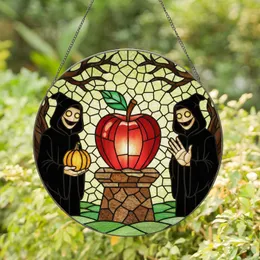 Tiffany Style Red Apple, Dark Hooded Figures, Pumpkin, Gnarled Branches Jewel Tone Stained Glass Suncatcher