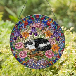 Black White Tuxedo Cat Sleeping Books Pink Purple Orange Flowers Luna - Tiffany Glass Style Stained Glass Suncatcher