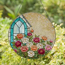 Peonies Roses Garden Stained Glass Arched Window Frame Tiffany Style Gabled Roof Stained Glass Suncatcher