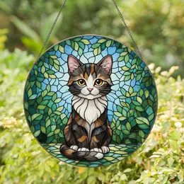 Cute Cartoon Kitten Stained Glass - Mottled Black Grey Cat Amber Eyes Garden Sky Lush Green Stained Glass Suncatcher