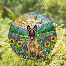 Belgian Malinois Dog Stained Glass Art, Wildflowers Sunflowers Mountains Butterflies Stained Glass Suncatcher