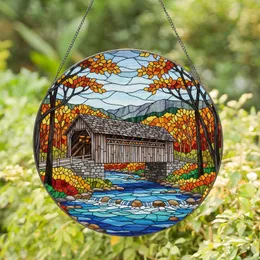 Highly Detailed Tiffany Style Stained Glass Covered Bridge Autumn River Scene Art Stained Glass Suncatcher