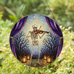 Jewel Tone Stained Glass Skeleton Playing Violin, Lanterns, Purple Curtains Art Stained Glass Suncatcher