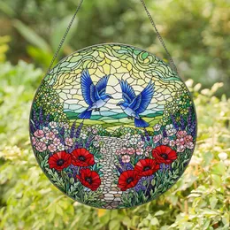 Bluebirds Stained Glass Garden Art - Tiffany Style Poppies & Lavender Floral Gift Stained Glass Suncatcher