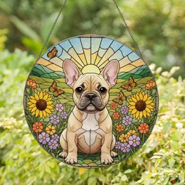 Tiffany Stained Glass French Bulldog Puppy Wildflower Meadow Jewel Tone Gift Stained Glass Suncatcher
