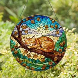Sleeping Cat Tree Branch Stained Glass Mosaic - Tiffany Style Autumnal Window Art Decor Stained Glass Suncatcher