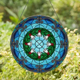 Tiffany Stained Glass Holly Wreath Red Berries Silver Bells - Christmas Holiday Decor Stained Glass Suncatcher