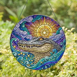 Alligator Crocodile Headshot Stained Glass Sun Moon Cosmic Water Tiffany Glass Art Stained Glass Suncatcher