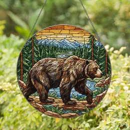 Majestic Grizzly Bear Stained Glass Tiffany Art - Mountain River Pine Forest Stained Glass Suncatcher