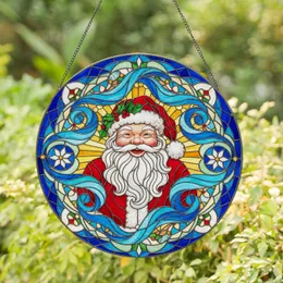 Jovial Santa Claus Stained Glass Red Hat Holly - Christmas Tiffany Style Holiday Gift Stained Glass Suncatcher