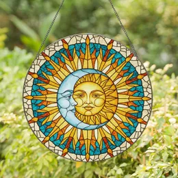 Golden Sun Moon Faces Stained Glass Celestial Tiffany-style Art - Spiritual Home Decor Gift for Women Stained Glass Suncatcher