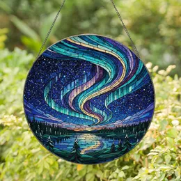 Majestic Glowing Aurora Borealis Starry Night Sky Lake Reflection Evergreen Trees Stained Glass Suncatcher