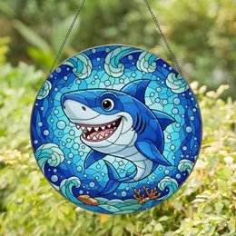 Playful Cartoon Shark Stained Glass Mosaic - Tiffany Style Ocean Jewel Tones Sea Life Art Stained Glass Suncatcher