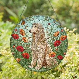 Afghan Hound Stained Glass Art with Poppies, Butterfly, Meadow Sky, Tiffany Style Stained Glass Suncatcher
