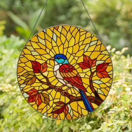 Tiffany Style Bird Stained Glass Art - Autumn Leaves & Colorful Mosaic Window Decor Stained Glass Suncatcher