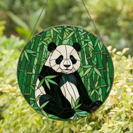 Friendly Panda Bear in Lush Bamboo Forest Stained Glass Art with Jewel Tone Patterns Stained Glass Suncatcher