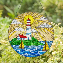 White Lighthouse Red Cap Green Island Sailboats Ocean Sun Stained Glass Jewel Tone Art Stained Glass Suncatcher
