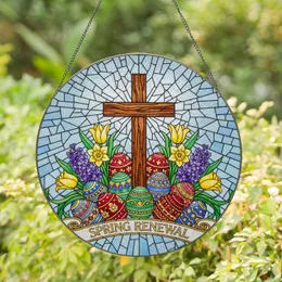 Rustic Wooden Christian Cross Easter Eggs Spring Flowers Stained Glass - Spring Renewal Decor Stained Glass Suncatcher
