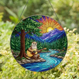 Otter Playing Acoustic Guitar River Mountain Sunset Stained Glass Forest Artwork Stained Glass Suncatcher