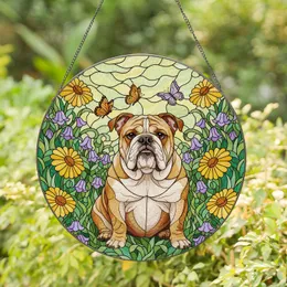 English Bulldog, Butterflies, Lush Floral Meadow – Intricate Stained Glass Art Stained Glass Suncatcher