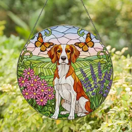 Brittany Spaniel Stained Glass Butterflies Daisies Lavender Meadow Dog Lover Gift Stained Glass Suncatcher