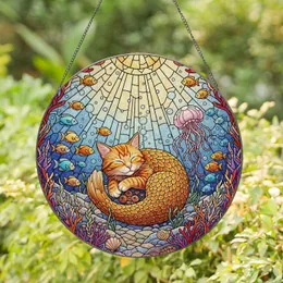 Orange Mer-cat Sleeping Underwater Reef Stained Glass - Glowing Jewel Tones Design Stained Glass Suncatcher