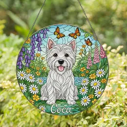 White Westie Coca Dog Stained Glass Garden with Daisies Butterflies - Dog Lover Gift Stained Glass Suncatcher