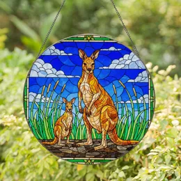 Tiffany Stained Glass Adult Kangaroo Joey Amber Orange Blue Sky Green Reeds Mosaic Stained Glass Suncatcher