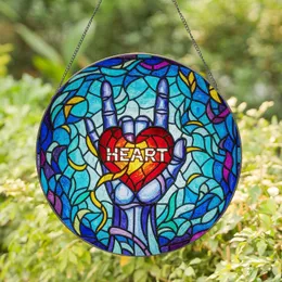 Stained Glass Heart Rock and Roll Hand Gesture, Etched 'HEART', Glowing Swirling Mosaic Patterns Stained Glass Suncatcher