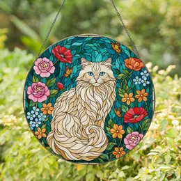 Intricate Tiffany Style Persian Cat Stained Glass Garden Flowers Colorful Jewel Tone Art Stained Glass Suncatcher