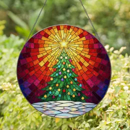 Christmas Tree Golden Star Ornaments Snowy Ground - Festive Holiday Christmas Gift Stained Glass Suncatcher