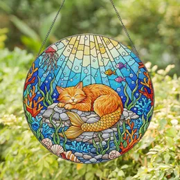 Orange Mer-Cat Sleeping Underwater Coral Reef Tiffany Stained Glass Cat Lover Gift Stained Glass Suncatcher