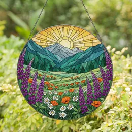 Mountain Meadow Wildflower Stained Glass Art - Golden Sun Teal Mountains Tiffany Style Stained Glass Suncatcher