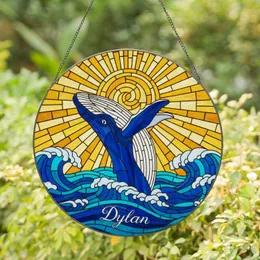 Majestic Blue Whale Breaching Ocean Waves Stylized Sun - Stained Glass Art with Dylan Name Stained Glass Suncatcher