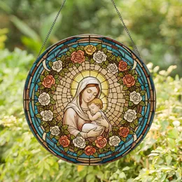 Virgin Mary Baby Jesus Tiffany Style Stained Glass Rose Wreath Mosaic Art Stained Glass Suncatcher