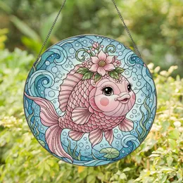 Tiffany Stained Glass Cartoon Chubby Fish Pink Gold Flower Ornate Fins Swirling Water Bubbles Stained Glass Suncatcher