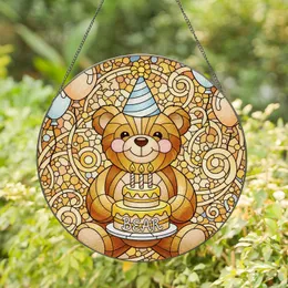 Teddy Bear Two-Tier Birthday Cake Party Hat Confetti Stained Glass Celebration Decor Stained Glass Suncatcher