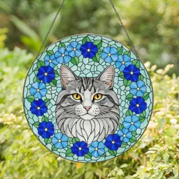 Grey White Tabby Cat Head Blue Flower Green Leaf Tiffany Glass Art - Cat Lover Gift Stained Glass Suncatcher