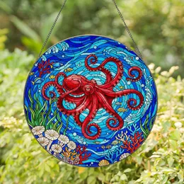 Red Octopus Stained Glass - Underwater Ocean Life Tiffany Style Jewel Tones Art Stained Glass Suncatcher