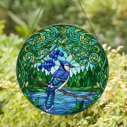 Blue Jay Stained Glass River Forest Foliage - Tiffany Style Nature Bird Watcher Present Stained Glass Suncatcher