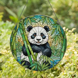 Highly Detailed Glowing Panda Bear Bamboo Stained Glass Tiffany Jewel Tone Mosaic Stained Glass Suncatcher