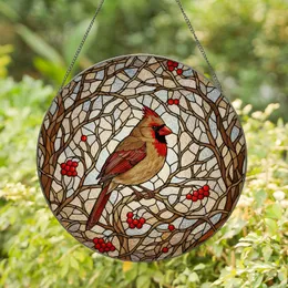 Northern Cardinal Stained Glass Mosaic Red Berries Bare Tree Branches - Tiffany Jewel Tone Art Stained Glass Suncatcher
