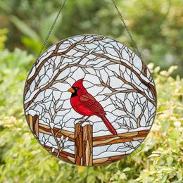 Red Cardinal on Snow Covered Fence Post - Tiffany Stained Glass Winter Home Decor Gift Stained Glass Suncatcher